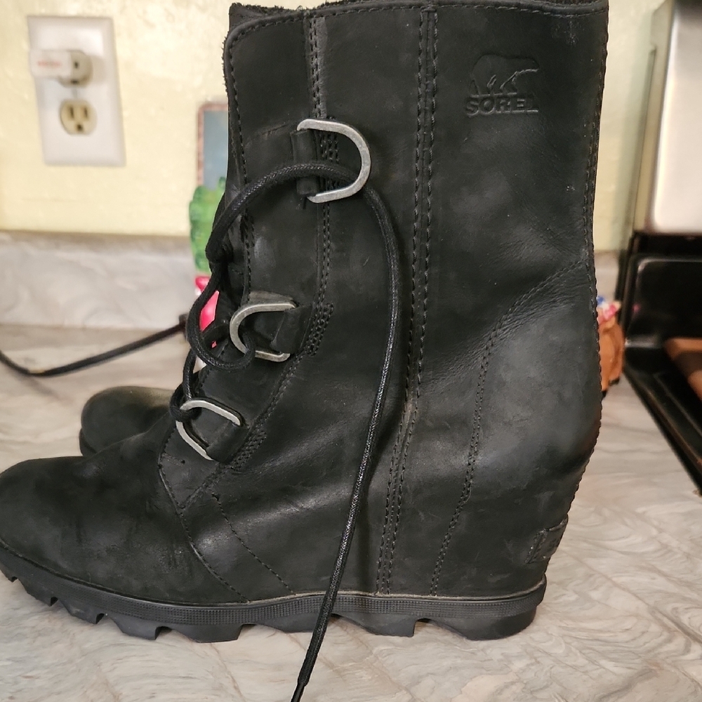 Sorel Black Lace Up Boots with Wedge Heel